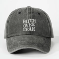 Washed dark grey cotton baseball cap featuring Faith Over Fear embroidery on front - Adjustable / Black