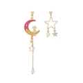 Asymmetric cat and moon earrings with pink gradient tassel and white pearl - Pink