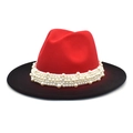 Red and black gradient felt jazz hat with wide white band featuring pearl embellishments - Red + Black