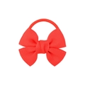 Detailed close-up of a red grosgrain ribbon bow attached to an elastic hair tie band - Red