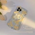 Floral iPhone case detail with glitter flower grip and Jasmine text in soft sunlight - Pale Yellow Floral + Yellow Flower Bracket / iPhone 15 Pro Max