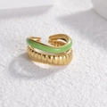 Franse vintage dubbellaagse titaniumstalen open ring met groen emaille en goudtextuur - Open ring / Groen
