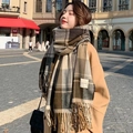Detailed close-up of a brown plaid scarf with fringe and a sewn white logo tag - New Brown