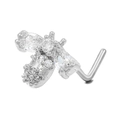 Detailed close-up of L-shaped silver nose stud with micro-set sparkling zircons - BD00628 Silver/Bee