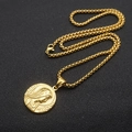 Detail of gold titanium steel necklace with Saint Mary religious portrait relief - Virgin Mary Portrait - Gold - 60cm Box Chain