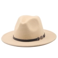 Detail of beige wool felt fedora featuring a black leather band with silver metal accents - M (56-58cm) / Beige