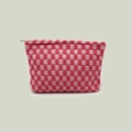 Pink and white checkered knit makeup bag with top zipper and spacious storage - Red Plaid