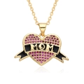 Golden heart-shaped MOM necklace with purple crystals and black ribbon detail - Black Enamel MOM Ribbon Style (E160)