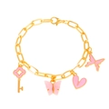 Golden multi-layer chain bracelet featuring pink butterfly charms and heart pendant - Gold Butterfly Heart Bracelet (09 Gold 6463)