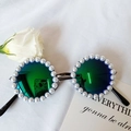 White pearl round sunglasses with gradient blue lenses and sleek metal frame - Green Mirrored