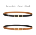 Reversible thin leather belt for women in black and camel with gold oval buckle - Camel + Black