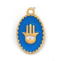 Blue enamel Hamsa Evil Eye charm with gold finish for DIY jewelry making - Oval Hamsa