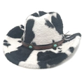 Detail of cow print cowboy hat showing plush texture and turquoise stone leather band - M (56-58cm) / Straight Crown Black