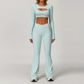 Women's light mint green yoga set with cutout long sleeve top and flared leggings - S / Top And Bottom / Long Sleeve + Flare Pants / Cream Green