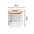 Transparent cylindrical tissue box with wood lid, 13x13cm minimalist storage container - Round / Clear