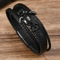 Retro multi-layer black braided leather bracelet for men with turtle charm and magnetic clasp - Black