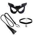 Ensemble masque de chat noir en cuir avec fouet et collier ras de cou à clochette - Masque+Fouet+Collier