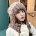 Women's brown hooded knit scarf hat with ear flaps and fluffy pom-poms for winter - Pattern Style / Khaki