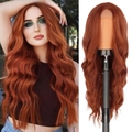Long wavy synthetic lace front wig in auburn copper brown for women's daily fashion style - Orange