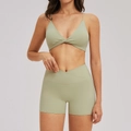 Olive green yoga set with thin strap V-neck sports bra and crossover high waist shorts - S / Top And Bottom / Green