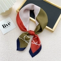 Elegant olive green and rust red satin square neck scarf with heart pattern - 11 Heart Lines Patchwork Red Green