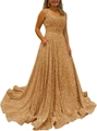 Sparkling champagne gold sequin A-line prom dress with spaghetti straps and pockets - US size 2 (S) / Tops / Gold