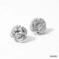 Silver stainless steel rose petal stud earrings with polished metallic finish for women - Silver Rose Flower Earrings D2496