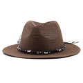 Detail of dark brown woven straw hat with bohemian bead trim and flat top design - M (56-58cm) / Brown