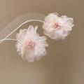 Close-up of pink fabric flower earrings featuring delicate beaded center detail - Silver Needle / Pink