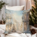 Festive Christmas pillow case featuring a snowy European street scene in ice blue - TQDS68-18(Snowy Street Xmas Tree)