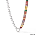 Stainless steel necklace with silver beads and colorful rectangular zirconia accents - Silver Multi-color Zirconia Style (PDD239)