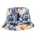 Detailed view of colorful graffiti newspaper print on white canvas bucket hat fabric - White Newspaper Letter Style (FH310-5)