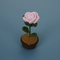 Handmade pink crochet rose in a brown pot, wool knitted desk decorative ornament - Pink Rose Pot