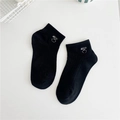 Black cotton short socks with white HELLO embroidery and smile pattern for women - Black - Smile Face