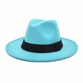 Detail of turquoise wool fedora hat with a premium black ribbon band on a white background - M (56-58cm) / Lake Blue