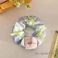 Chouchou à carreaux bleus avec nœuds verts et étiquette fait main, diamètre de 11 cm - Bleu