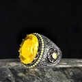 Vintage silver-tone punk ring with large oval yellow zircon and floral engravings - J081-2 Yellow / Size 7
