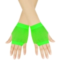 Close-up of neon green fishnet gloves with elastic nylon mesh and half-finger design - One Size / Dark Green