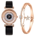 Women's rose gold watch and star bracelet set with sparkling rhinestones and leather strap - Black + Bracelet