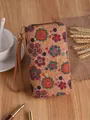 Bohemian floral print long cork wallet with wrist strap and gold zipper closure - Long Double Zipper Style F