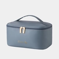 Blue textured PU leather cosmetic bag with gold double zippers and top handle - Haze Blue