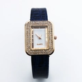 Square rose gold quartz watch with diamond bezel and navy blue leather crocodile strap - Blue