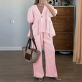 Pink V-neck puff sleeve top and wide-leg trousers two-piece set in linen blend - S / Pink