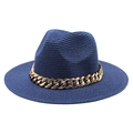 Close-up of navy blue straw fedora hat with a chunky gold chain and weaving texture - M (56-58cm) / Navy Blue