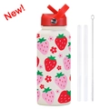 White stainless steel water bottle with strawberry prints, straw, and brush kit - Ivory White 23Q