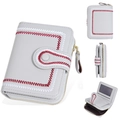 Short women's faux leather wallet in light grey with elegant embroidery and snap closure - Gray
