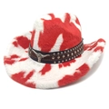 Westerse cowboyhoed met rood-witte koeienprint pluche en metalen stier-logo detail - M(56-58cm) / Platte Top Rode Koeienprint