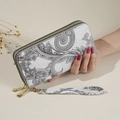 White paisley double zipper wallet with hand strap in elegant vintage floral print - Gray