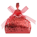 Elegant red laser-cut dress-shaped candy favor box with intricate floral pattern and ribbon - Mirror Red