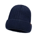 Berretto in maglia a costine blu navy con risvolto ed etichetta in pelle marrone - Blu navy